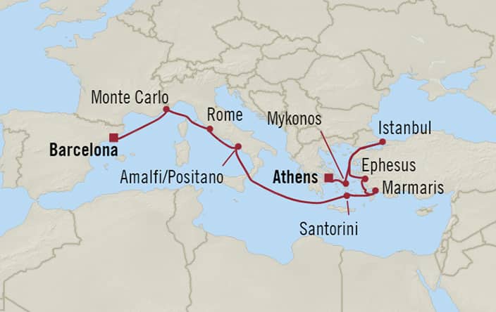 Oceania Cruises | 12-Nights from Athens to Barcelona Cruise Iinerary Map