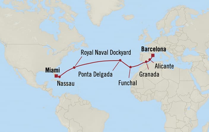 Oceania Cruises | 21-Nights from Miami to Rome Cruise Iinerary Map