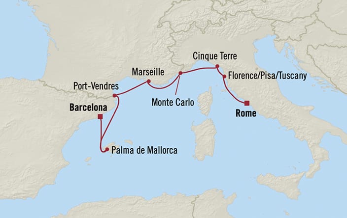 Oceania Cruises | 7-Nights from Barcelona to Rome Cruise Iinerary Map