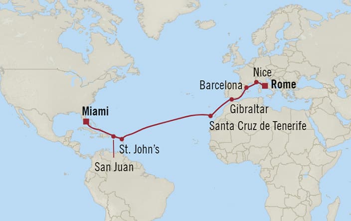 Oceania Cruises | 16-Nights from Rome to Miami Cruise Iinerary Map