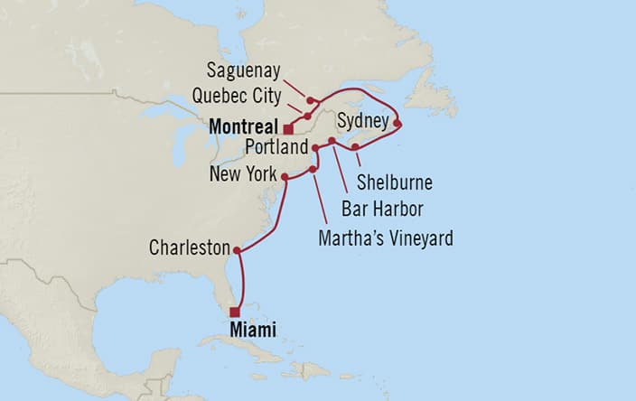 Oceania Cruises | 15-Nights from Montreal to Miami Cruise Iinerary Map