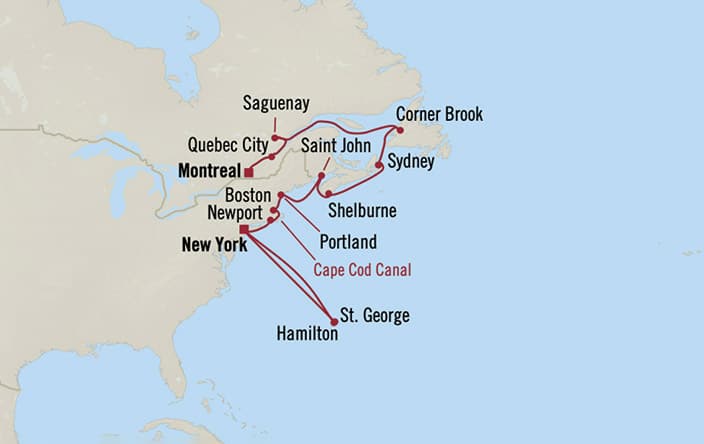 Oceania Cruises | 18-Nights from New York to Montreal Cruise Iinerary Map