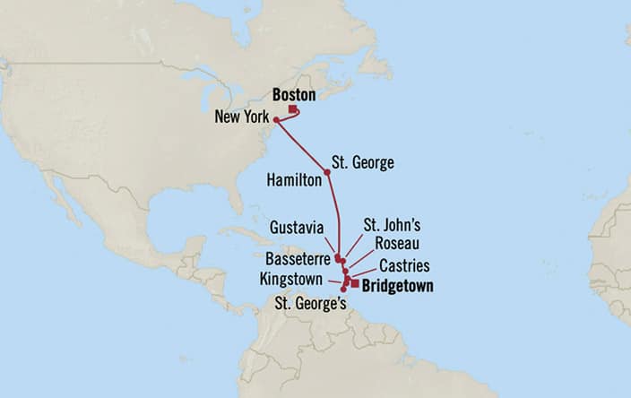 Oceania Cruises | 15-Nights from Boston to Bridgetown Cruise Iinerary Map
