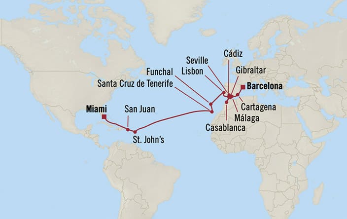 Oceania Cruises | 20-Nights from Barcelona to Miami Cruise Iinerary Map