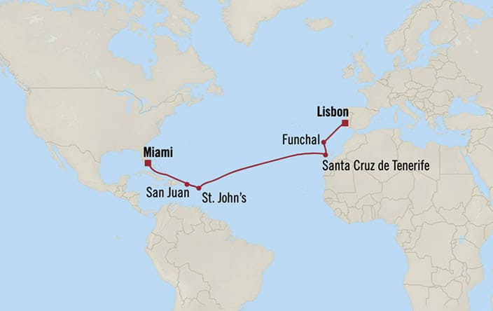 Oceania Cruises | 13-Nights from Lisbon to Miami Cruise Iinerary Map