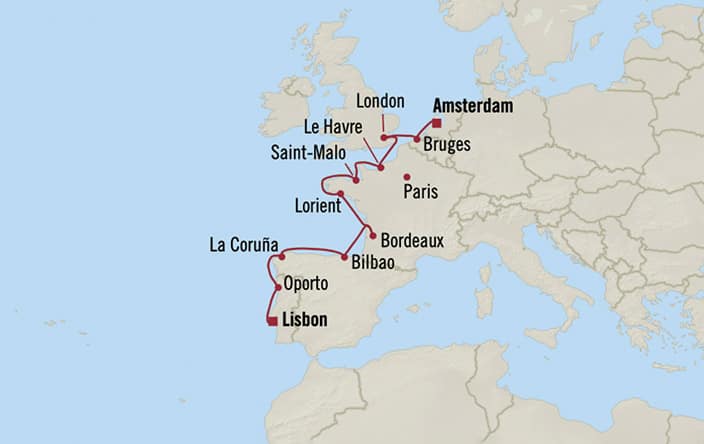 Oceania Cruises | 10-Nights from Lisbon to Amsterdam Cruise Iinerary Map