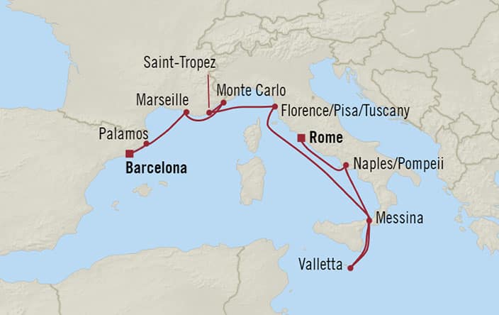 Oceania Cruises | 10-Nights from Barcelona to Rome Cruise Iinerary Map
