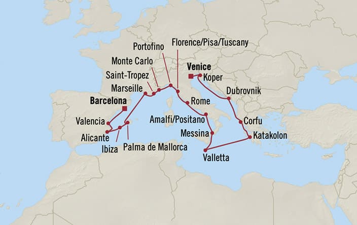 Oceania Cruises | 20-Nights from Barcelona to Trieste Cruise Iinerary Map
