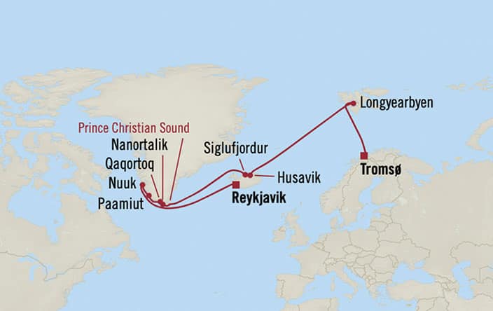 Oceania Cruises | 15-Nights from Tromso to Reykjavik Cruise Iinerary Map