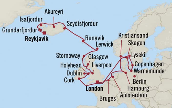 Oceania Cruises | 26-Nights from Reykjavik to London Cruise Iinerary Map