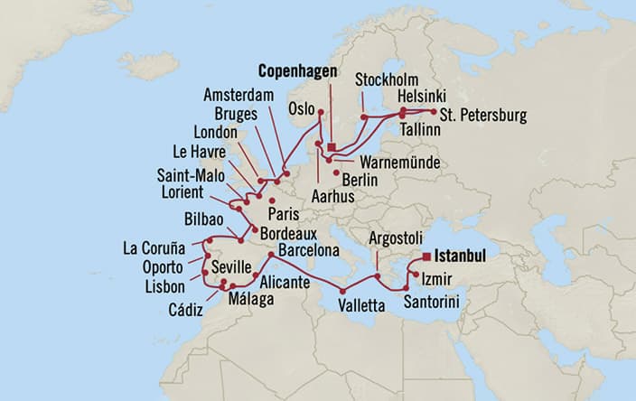 Oceania Cruises | 32-Nights from Istanbul to Hamburg Cruise Iinerary Map