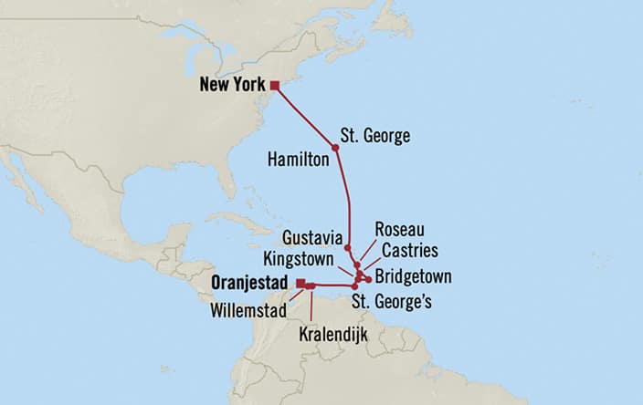 Oceania Cruises | 14-Nights from New York to Oranjestad Cruise Iinerary Map