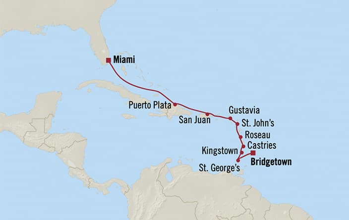 Oceania Cruises | 10-Nights from Bridgetown to Miami Cruise Iinerary Map