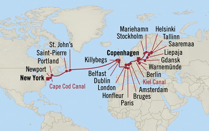 Oceania Cruises | 27-Nights from Copenhagen to New York Cruise Iinerary Map
