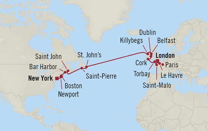 Oceania Cruises | 15-Nights from London to New York Cruise Iinerary Map