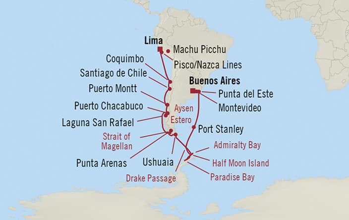 Oceania Cruises | 24-Nights from Lima/machu Picchu (callao) to Buenos Aires Cruise Iinerary Map