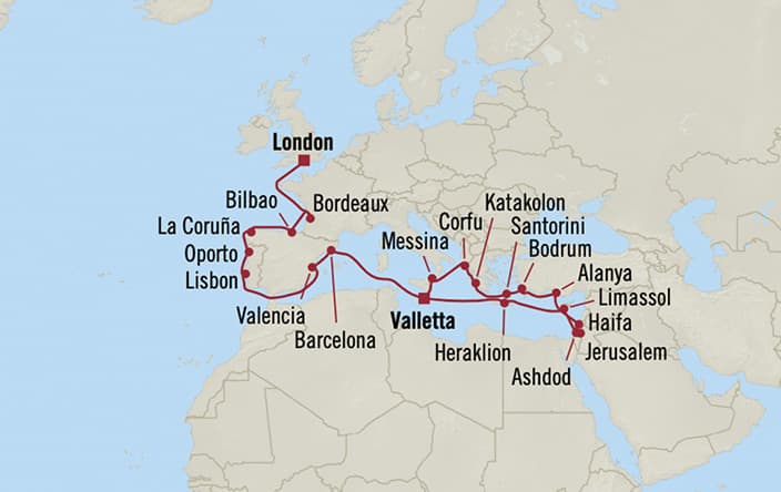 Oceania Cruises | 24-Nights from London to Valletta Cruise Iinerary Map