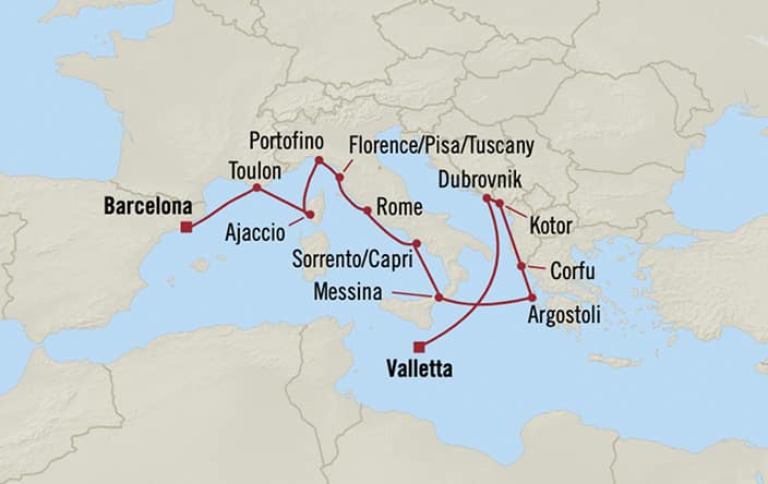 Oceania Cruises | 14-Nights from Barcelona to Valletta Cruise Iinerary Map