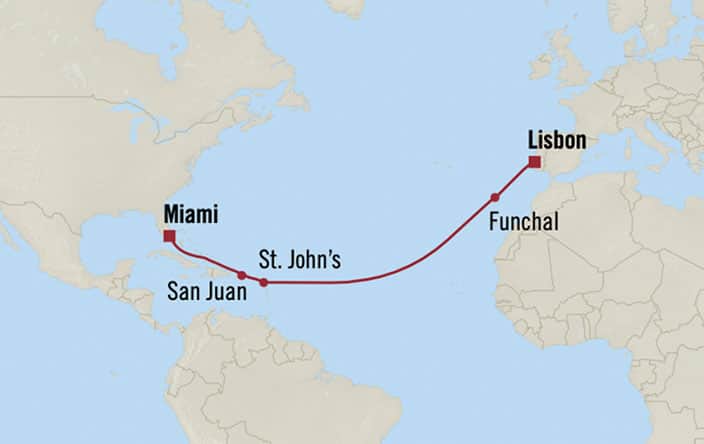 Oceania Cruises | 12-Nights from Lisbon to Miami Cruise Iinerary Map