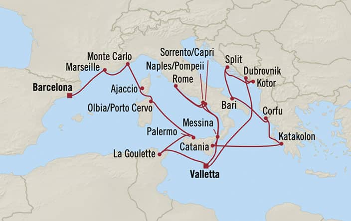 Oceania Cruises | 20-Nights from Valletta to Barcelona Cruise Iinerary Map