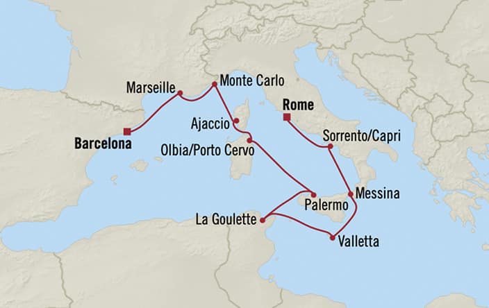 Oceania Cruises | 10-Nights from Venice to Barcelona Cruise Iinerary Map
