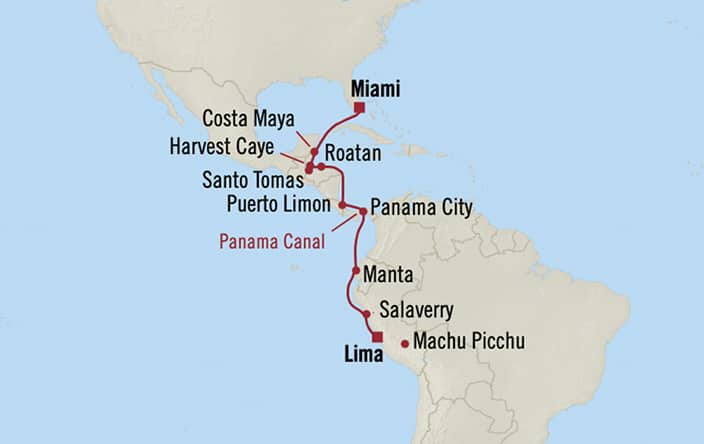 Oceania Cruises | 15-Nights from Miami to Lima/machu Picchu (callao) Cruise Iinerary Map