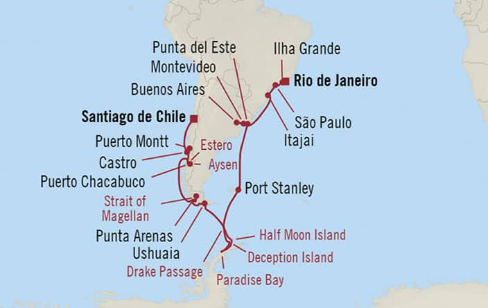 Oceania Cruises | 24-Nights from Rio de Janeiro to Santiago Cruise Iinerary Map