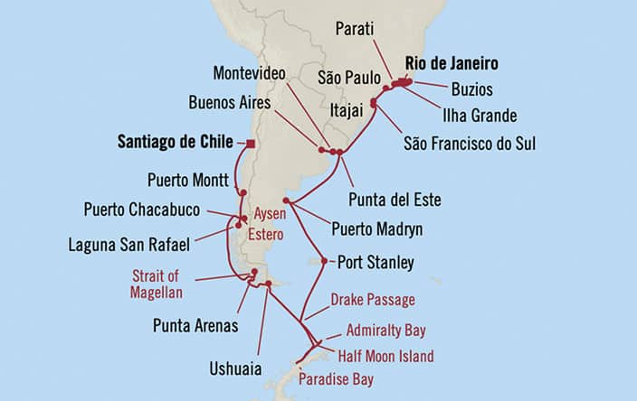 Oceania Cruises | 30-Nights from Santiago to Rio de Janeiro Cruise Iinerary Map
