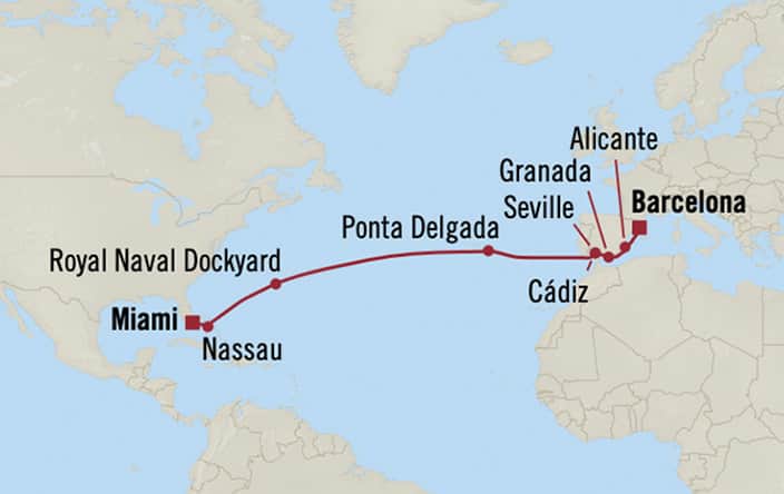 Oceania Cruises | 14-Nights from Miami to Barcelona Cruise Iinerary Map