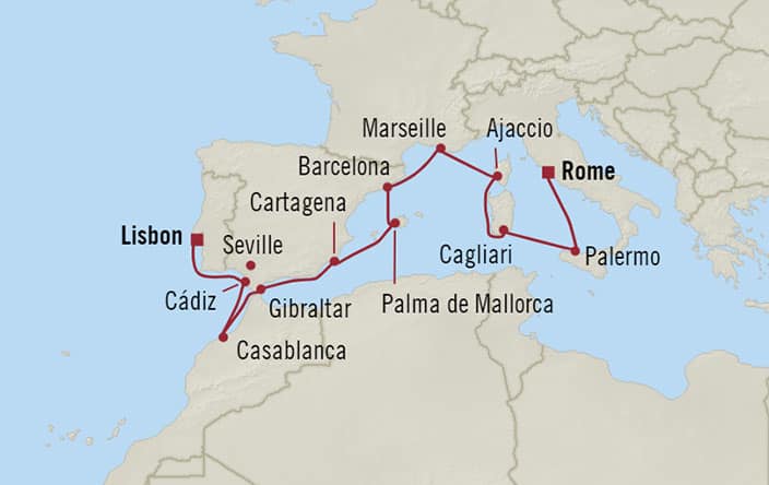 Oceania Cruises | 14-Nights from Lisbon to Rome Cruise Iinerary Map