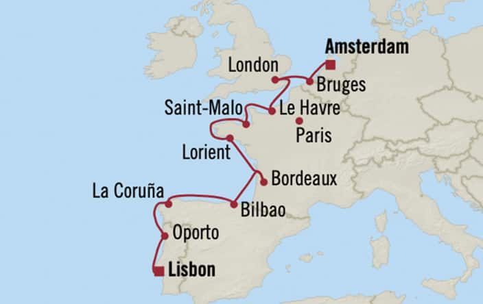 Oceania Cruises | 11-Nights from Lisbon to Amsterdam Cruise Iinerary Map