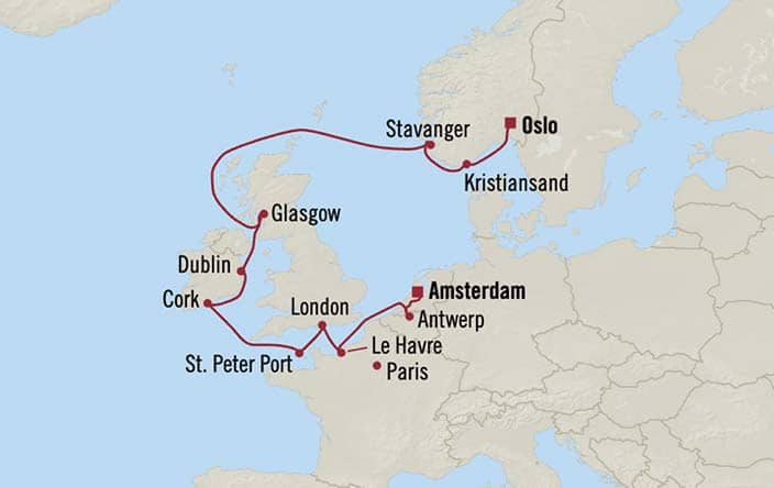 Oceania Cruises | 12-Nights from Amsterdam to Oslo Cruise Iinerary Map