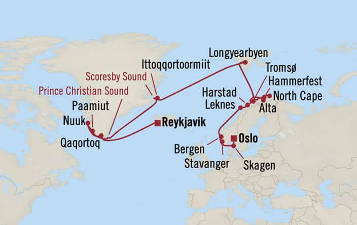 Oceania Cruises | 25-Nights from Copenhagen to Reykjavik Cruise Iinerary Map