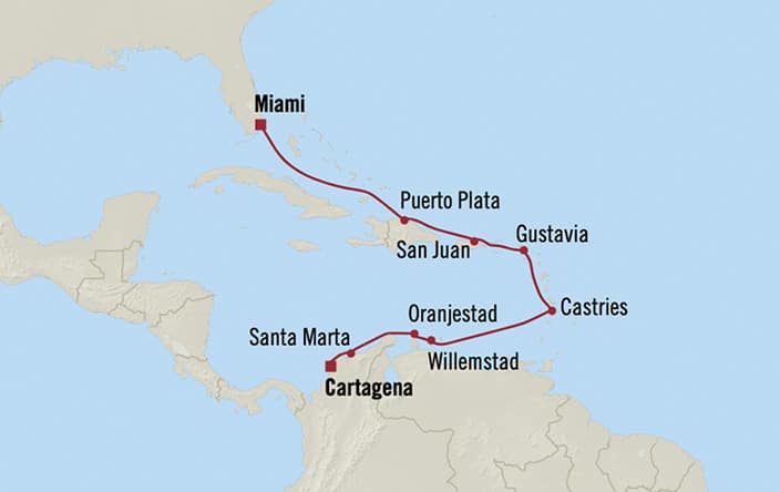 Oceania Cruises | 10-Nights from Cartagena to Miami Cruise Iinerary Map