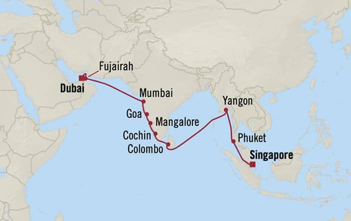 Oceania Cruises | 20-Nights from Dubai to Singapore Cruise Iinerary Map