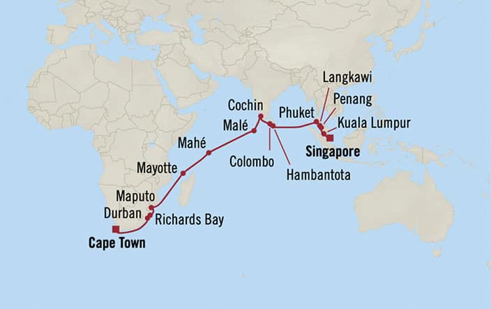 Oceania Cruises | 28-Nights from Singapore to Cape Town Cruise Iinerary Map