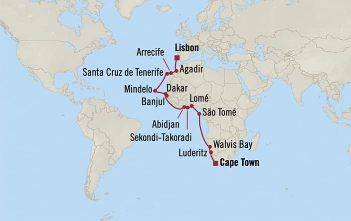 Oceania Cruises | 24-Nights from Cape Town to Lisbon Cruise Iinerary Map