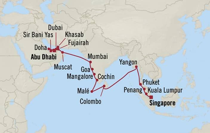 Oceania Cruises | 30-Nights from Abu Dhabi to Singapore Cruise Iinerary Map