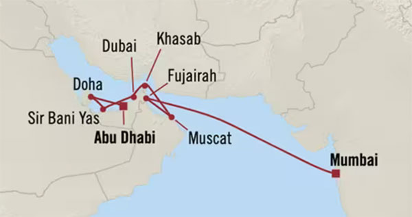 Oceania Cruises | 10-Nights from Abu Dhabi to Mumbai Cruise Iinerary Map