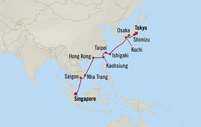 Oceania Cruises | 15-Nights from Tokyo to Singapore Cruise Iinerary Map