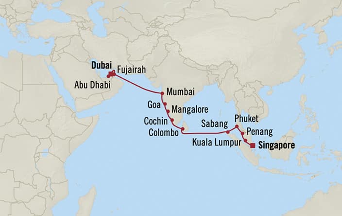 Oceania Cruises | 16-Nights from Singapore to Dubai Cruise Iinerary Map
