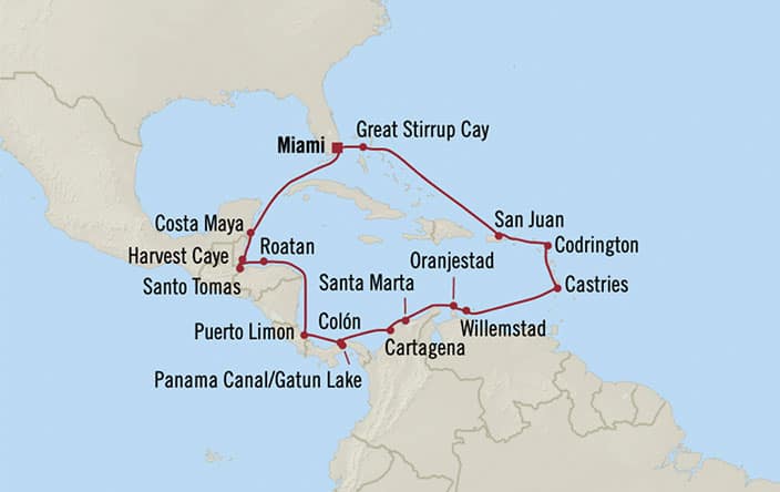 Oceania Cruises | 20-Nights Roundtrip from Miami Cruise Iinerary Map