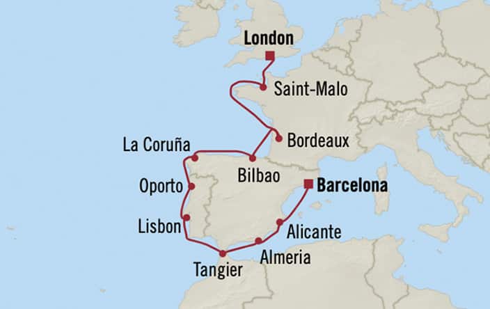 Oceania Cruises | 12-Nights from London to Barcelona Cruise Iinerary Map