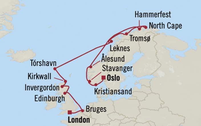 Oceania Cruises | 18-Nights from Oslo to London Cruise Iinerary Map