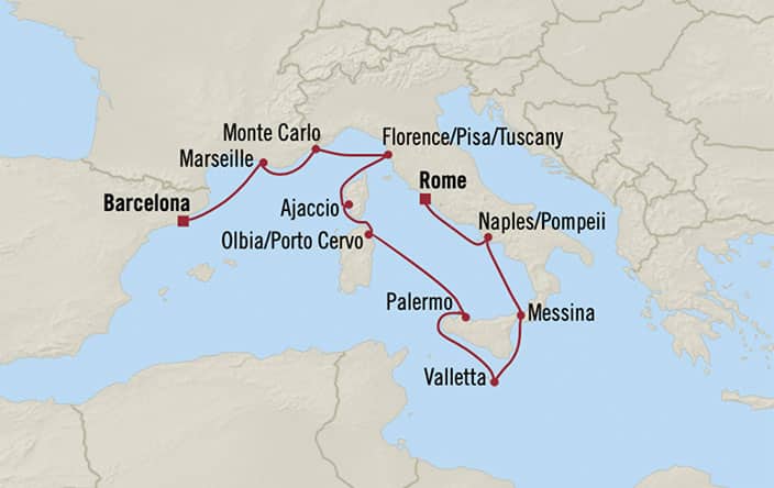 Oceania Cruises | 10-Nights from Barcelona to Rome Cruise Iinerary Map