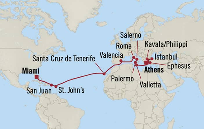 Oceania Cruises | 24-Nights from Athens to Miami Cruise Iinerary Map