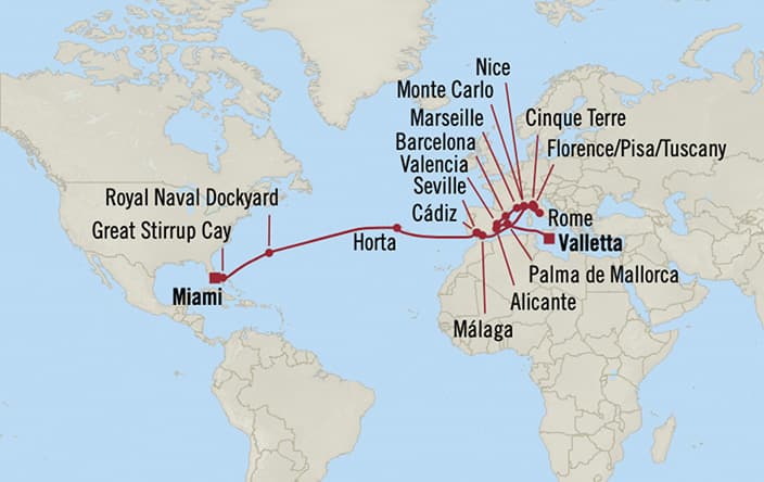 Oceania Cruises | 25-Nights from Miami to Valletta Cruise Iinerary Map