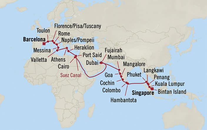 Oceania Cruises | 40-Nights from Barcelona to Singapore Cruise Iinerary Map