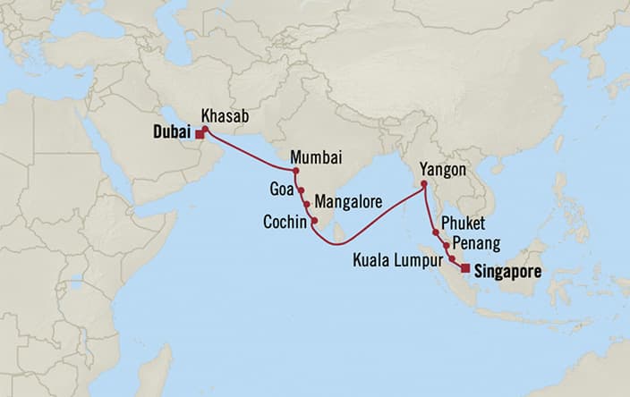 Oceania Cruises | 20-Nights from Singapore to Dubai Cruise Iinerary Map
