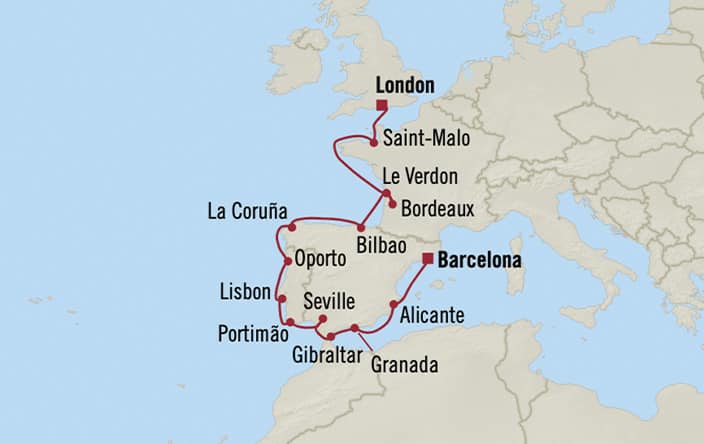 Oceania Cruises | 15-Nights from Barcelona to London Cruise Iinerary Map
